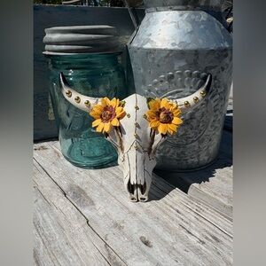 Decorative Faux Bull Skull Wall Accent with Sunflower Embellishments - White